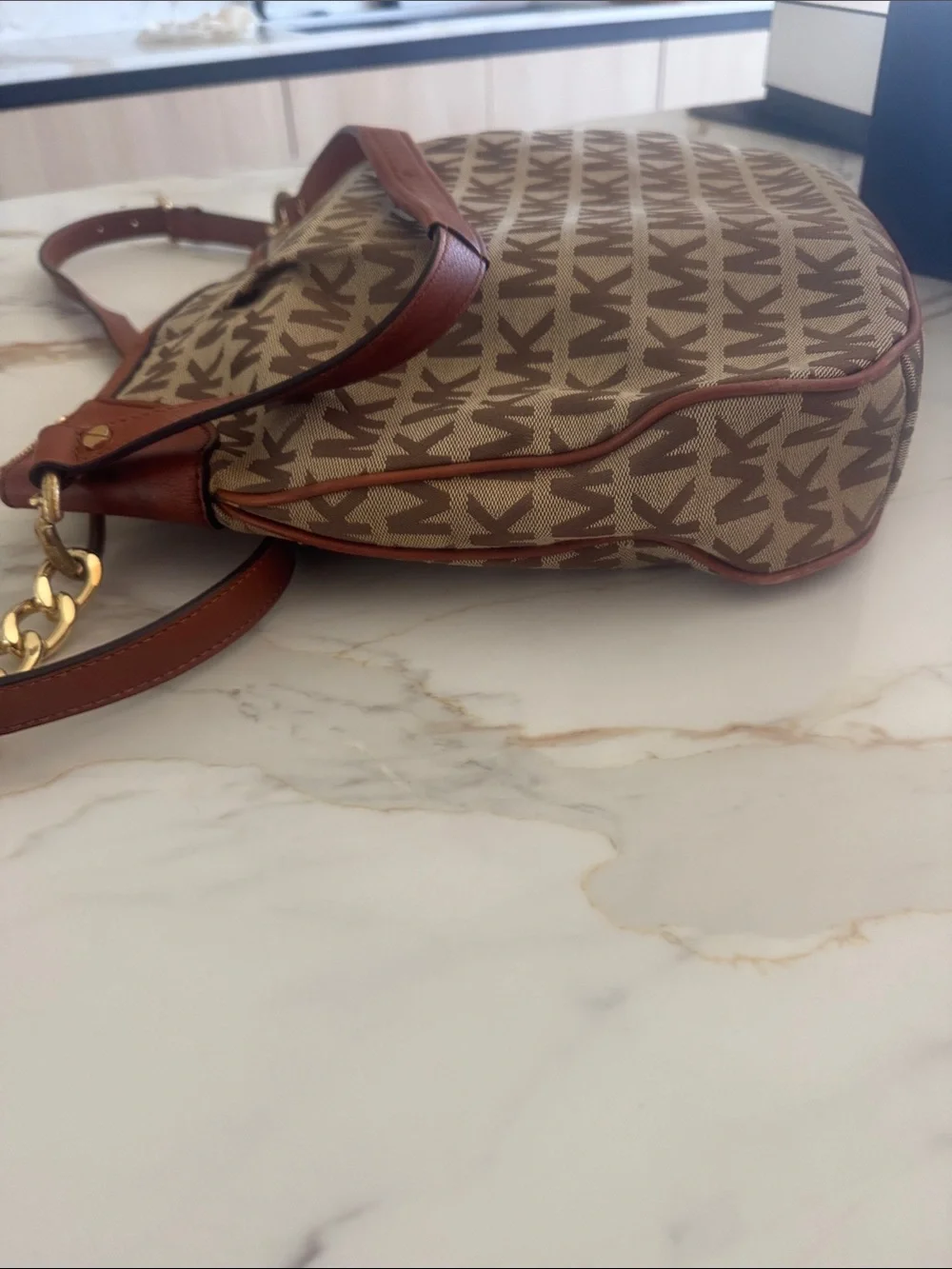 Michael Kors Beige and Brown MK Monogram Crossbody Bag